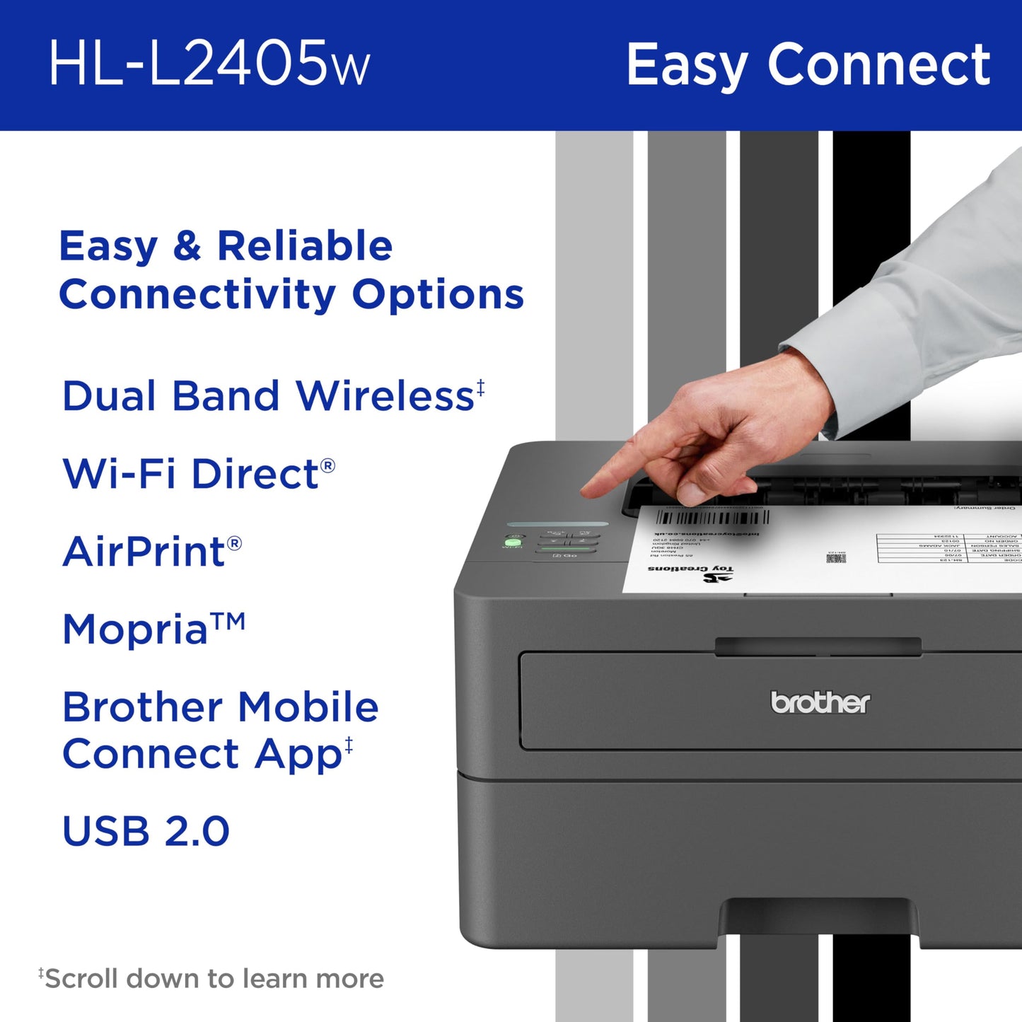 Brother HL-L2405W Wireless Compact Monochrome Laser Printer with Mobile Printing, Black & White Output | Includes Refresh Subscription Trial(1)