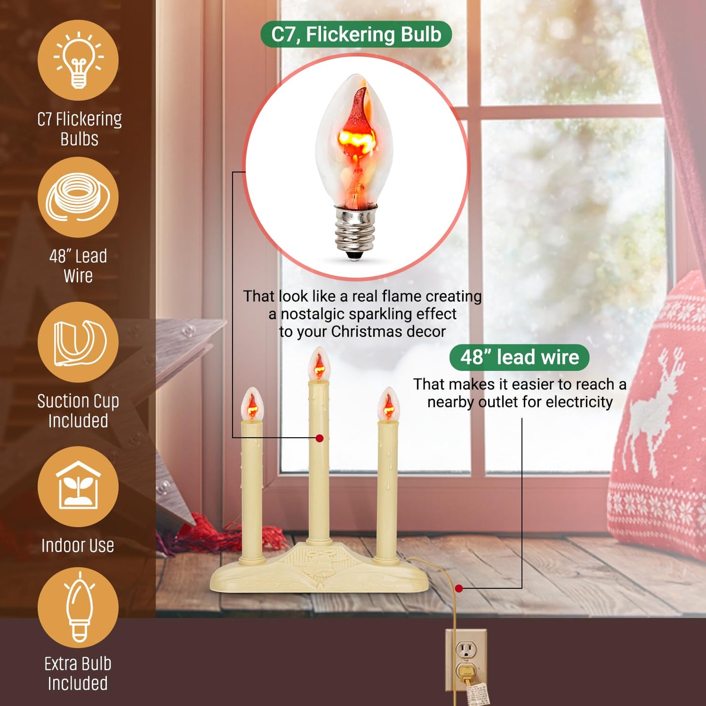 Tupkee Christmas Candolier Window Candles - with Flickering Bulbs - 3-Lights Indoor - Flameless Electric Window Candles Candelabra