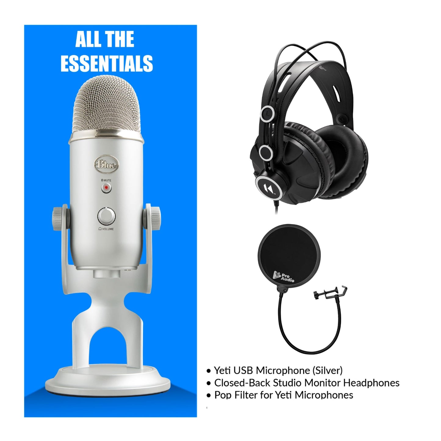 Blue Microphones Yeti USB Mic (Silver) Bundle with Closed-Back Studio Headphones, and Pop Filter (3 Items)