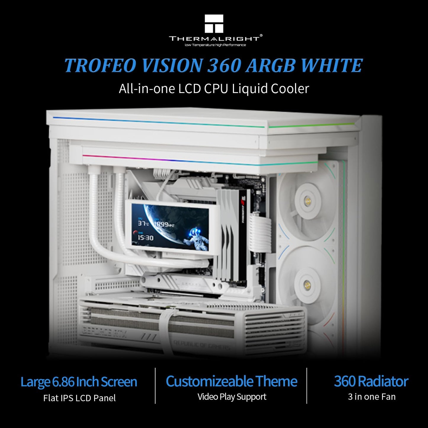 Thermalright Trofeo Vision 360 ARGB White CPU AIO Cooler,6.86-inch LCD Long Screen High-Performance 360mm Water-Cooled Radiator, IPS LCD Screen