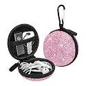 SAVORI Earphone Case Earbuds Small Carrying Cases Bling Rhinestone Crystal Portable Headphone Organizer Storage Pouch Bag with Carabiner 1 Pack (Pink)
