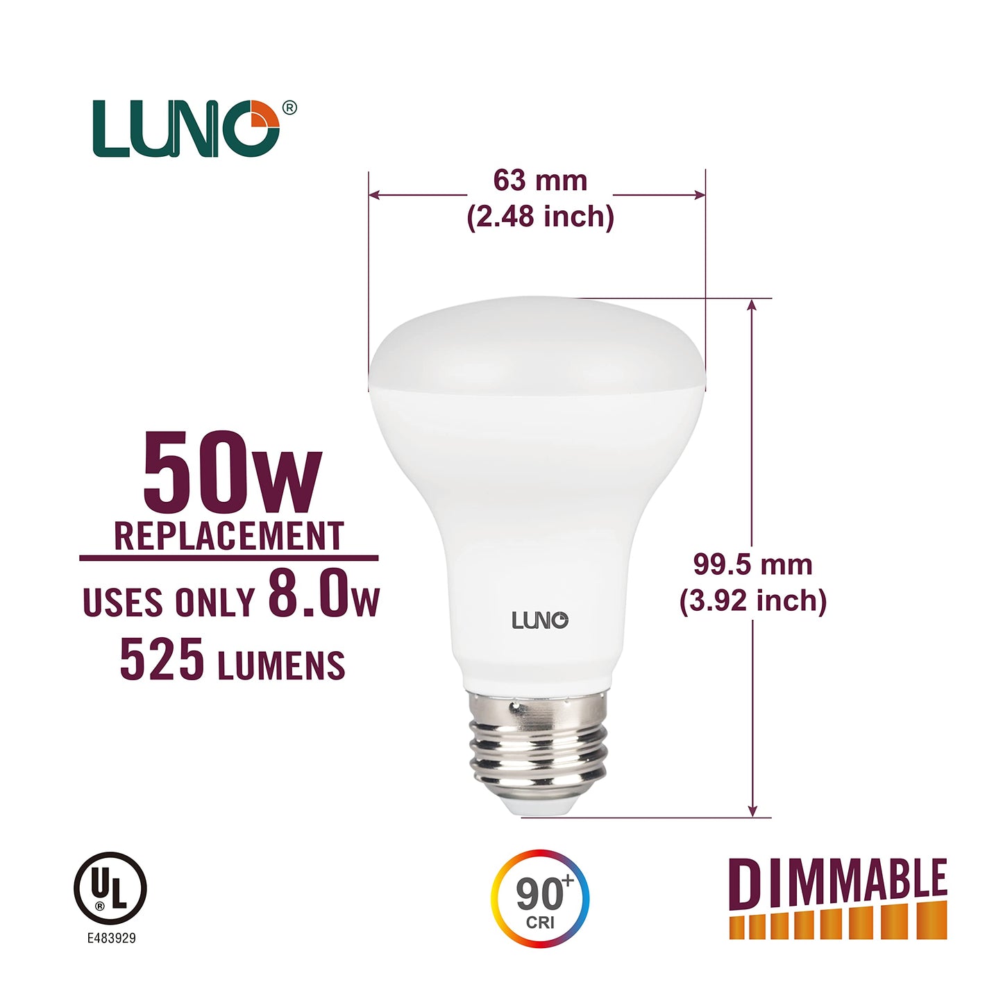 LUNO R20 Dimmable LED Bulb, CRI 90+, 8W (50W Equivalent), 525 Lumens, 2700K (Soft White), Medium Base (E26), UL & ENERGY STAR (4-Pack)