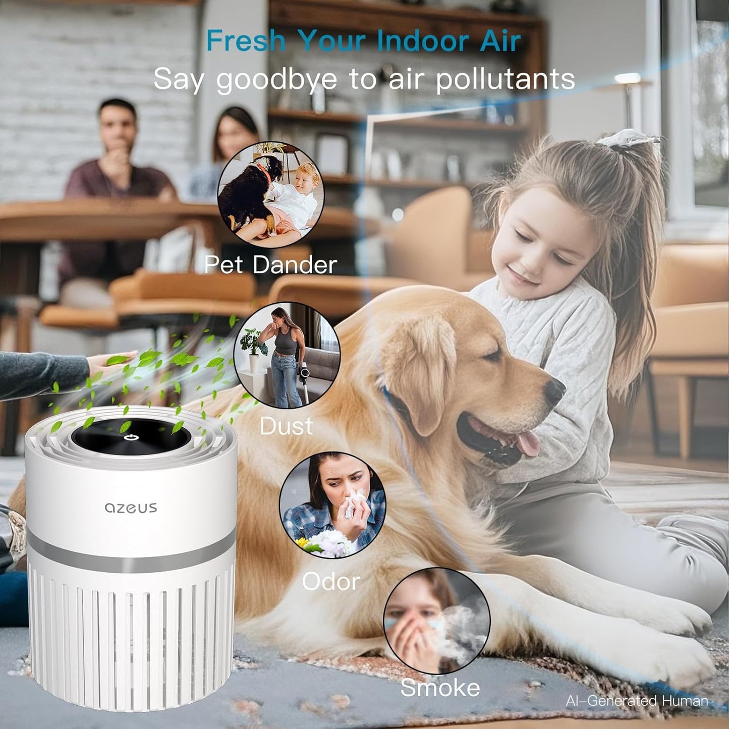AZEUS Air Purifier for Bedroom, H13 True HEPA Filter with 24dB Ultra Quiet Air Cleaner, Covers 215 sq ft for Home Office Nursery, White
