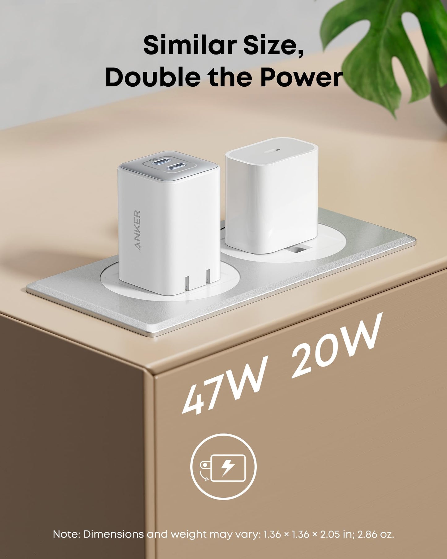 Anker Nano 47W Fast Charger USB C, 2-Port Compact Foldable USB C GaN Charger for iPhone 17/16, Galaxy, Pixel, Compatible with MagSafe (White)