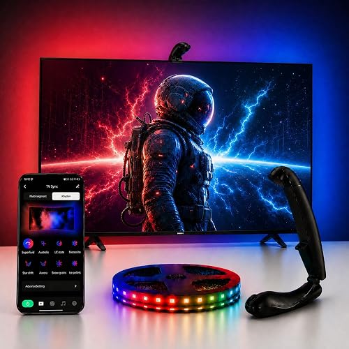 QTU TV LED Backlight with Sensor, LED Sync Lights for TV 55-65 Inch, Smart Camera Sync to Screen, Ambient RGB Strip Lights for Gaming & Home Theater