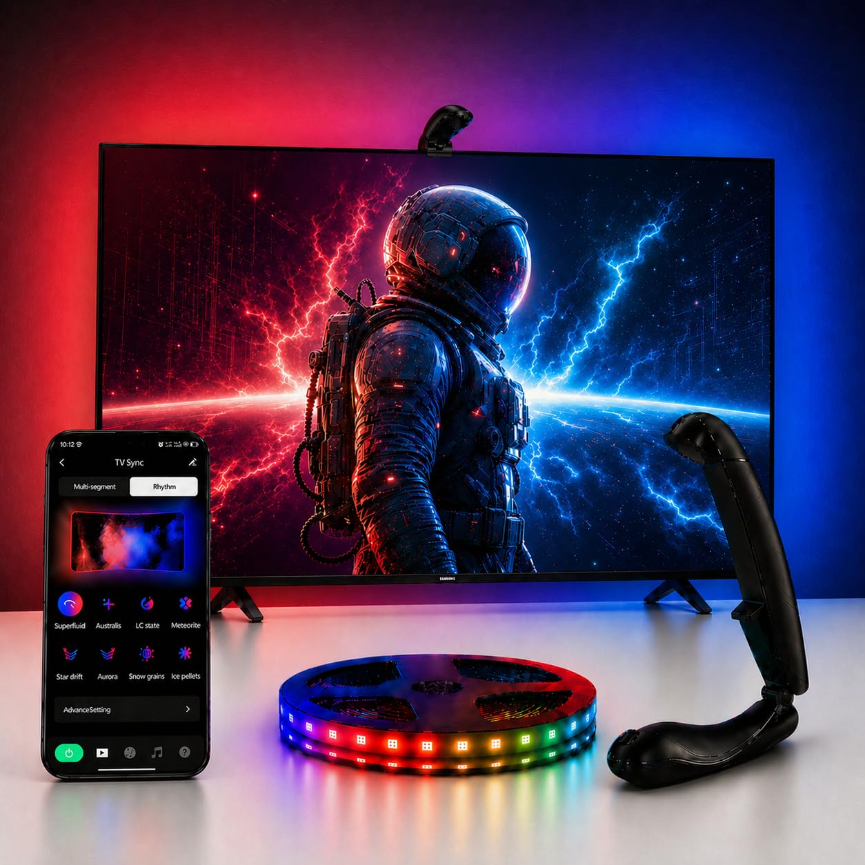 QTU TV LED Backlight with Sensor, LED Sync Lights for TV 55-65 Inch, Smart Camera Sync to Screen, Ambient RGB Strip Lights for Gaming & Home Theater
