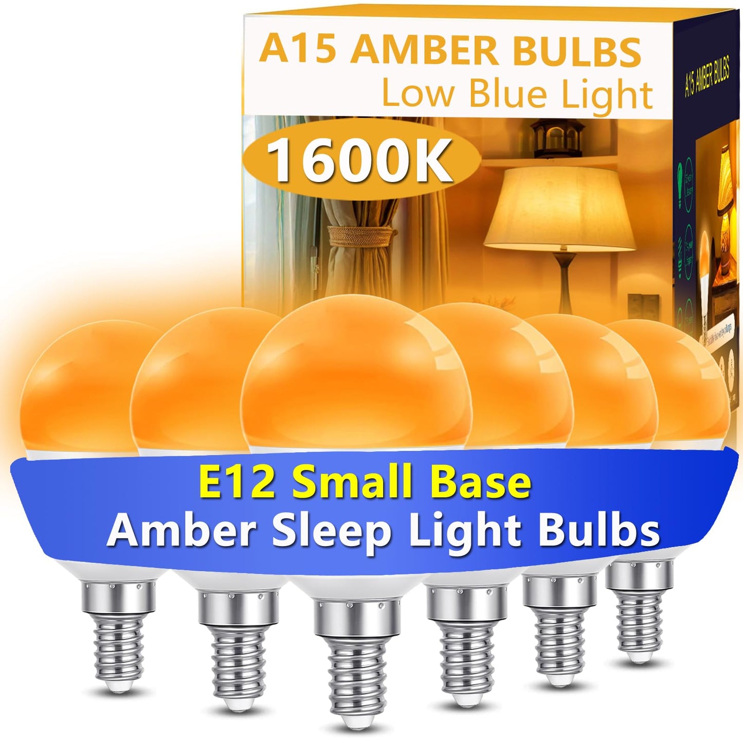 Angyues E12 Small Candelabra Base Amber Sleep Light Bulb Dimmable?1600K Blue Light Blocking, A15 Warm Night Light Bulbs 25W 40W Equivalent, 3W 300LM