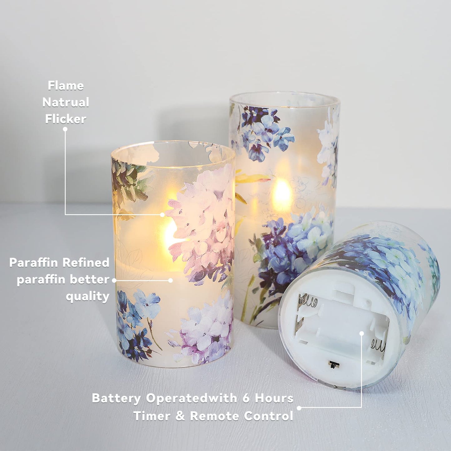 GORGE MOMENT Blue Violet Hydrangea Flameless Candles LED Flicker with Remote DIM Love Theme Summer Spring Decorative Glass Decor Wedding Date Proposal