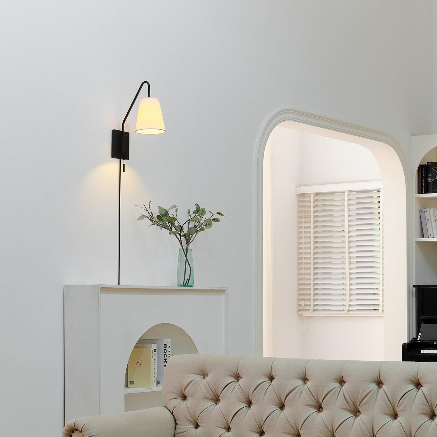 Globe Electric 65000043 1-Light Plug-in or Hardwire Wall Sconce, Matte Black, White Fabric Shade, Swing Arm, 6ft Black Braided Fabric Cord, On/Off