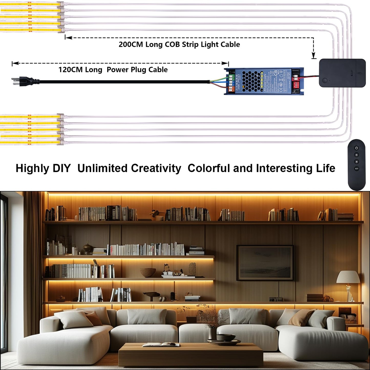 BENLUN 24V CCT COB LED Under Cabinet Strip Lighting 32.8FT, 3000K 4000K 6000K Cuttable LED Tape Light CRI 93 with Remote Controller and Power Supply