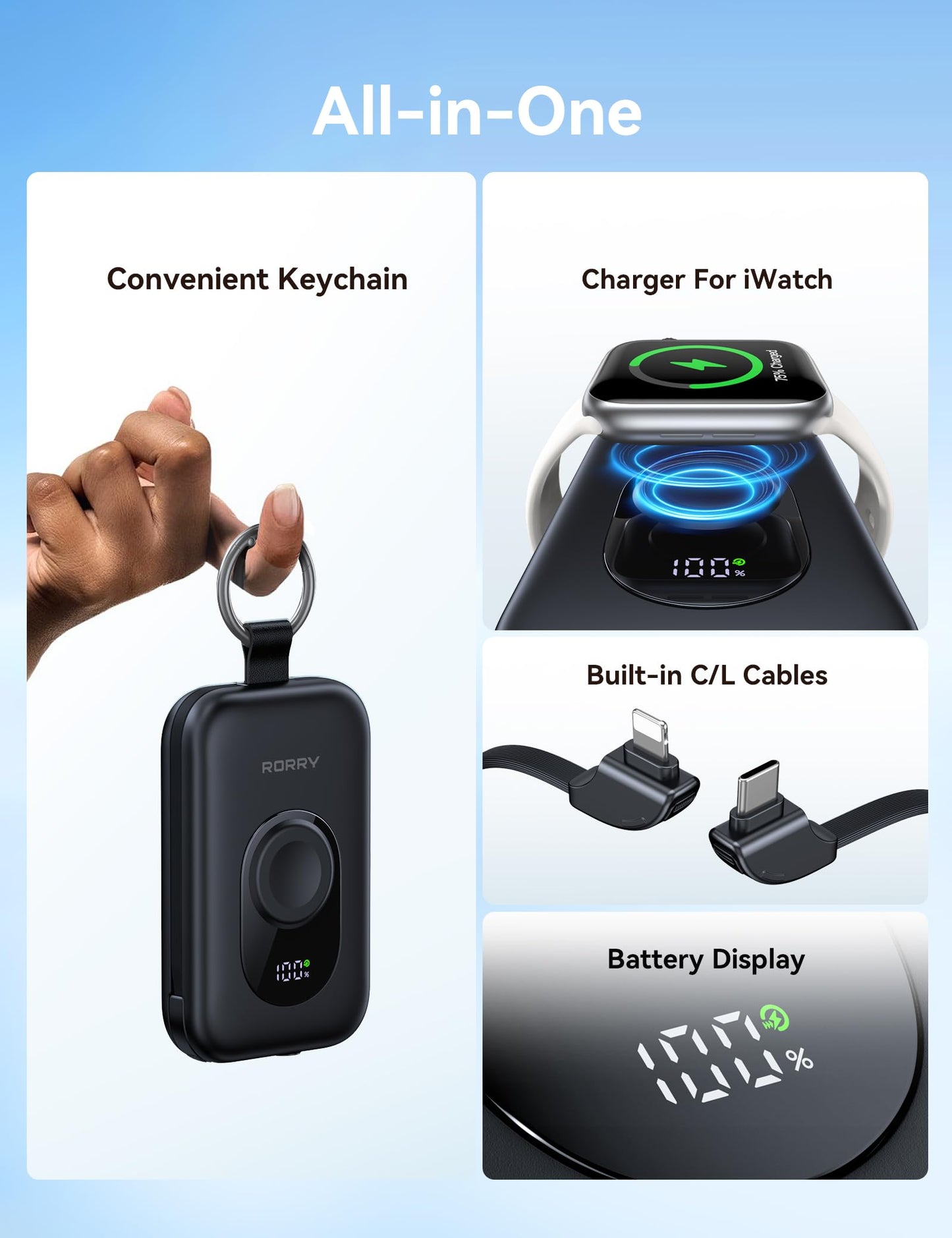 RORRY CharmGo Portable Charger, 20000mAh PD 30W Portable Charger Power Bank with 2 Built-in Cables, Fast Charging Battery Pack with Keychain, Travel