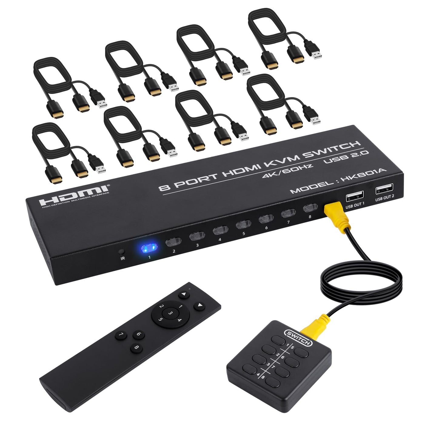 4K@60Hz HDMI KVM Switch 8 Port, HDMI KVM Switch for 8 PC Sharing 1 4K Monitor and 4 USB Devices, with Remote Control, Wired Desktop Controller and 8