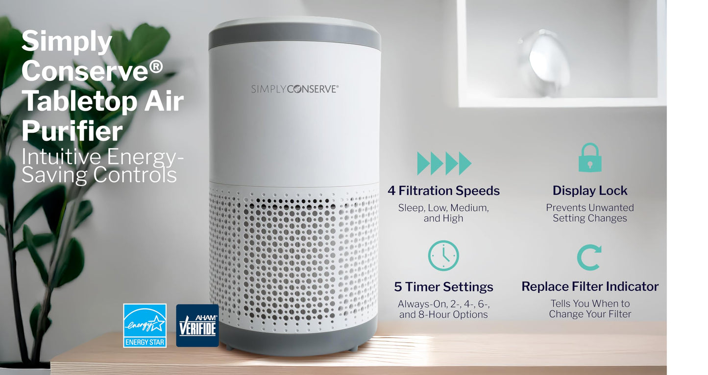 Simply Conserve Tabletop Air Purifier for Home, Bedroom, Living Room | True HEPA H13 Filter | ENERGY STAR | Removes 99.97% of Dust, Smoke, Pollen