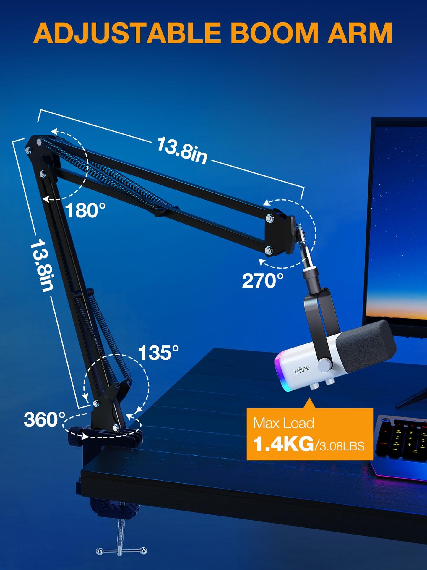 QuadCast Boom Arm, Mic Arm for Blue Yeti HyperX QuadCast SoloCast Fifine AM8 and Most Microphone, Mic Stand Desk with 3/8" to 5/8" Adapter by SUNMON
