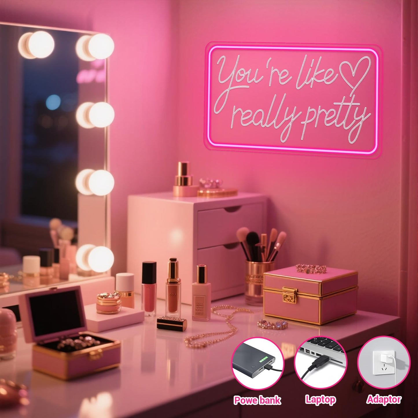 You're Like Really Pretty Neon Sign for Wall Decor, Pink Aesthetic LED Neon Sign Light for Teen Girls Room Decor, Bedroom, Salon, Wedding Party (Pink)