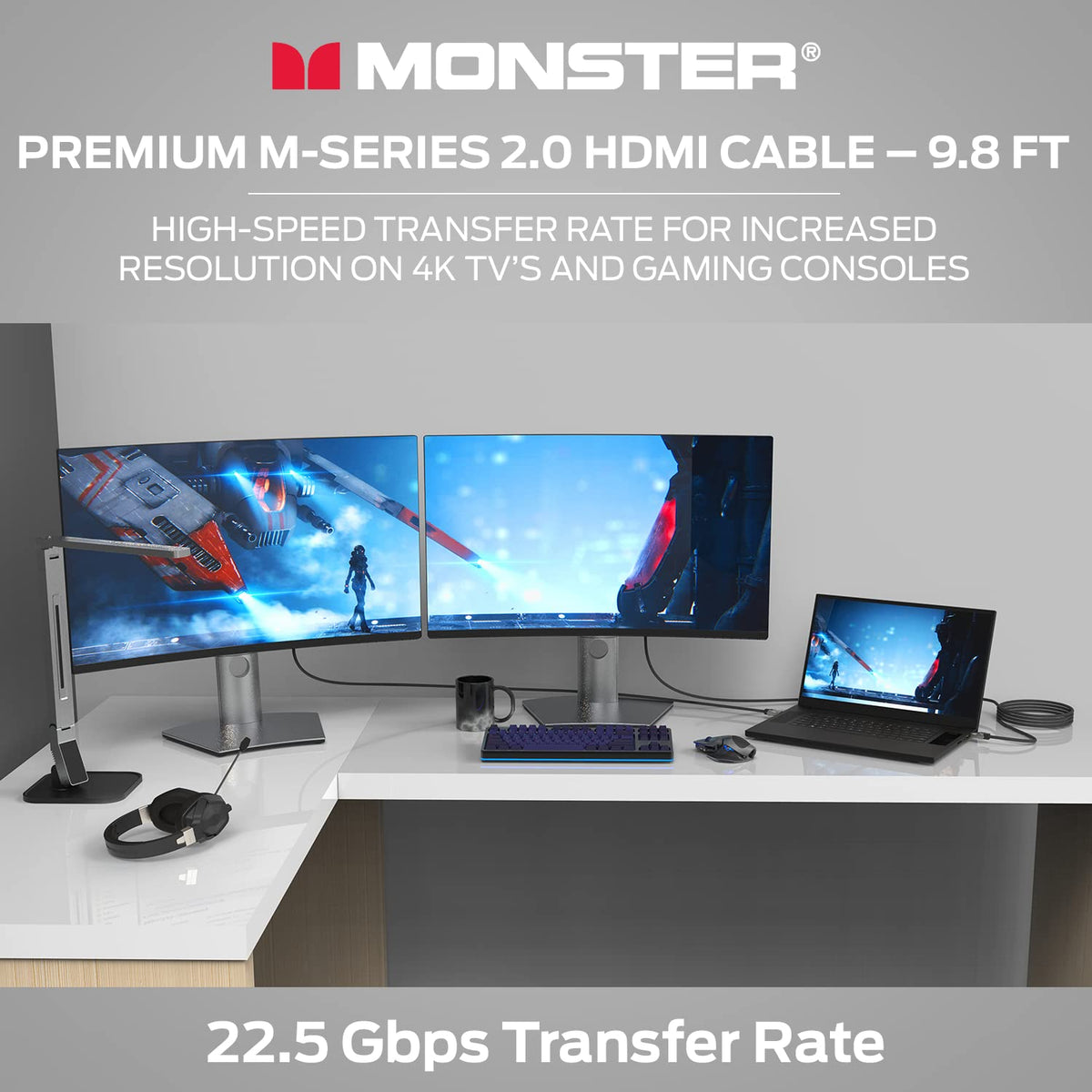 Monster M-Series Certified Premium HDMI Cable 2.0, High-Speed 22.5 Gbps, 4K UHD 60Hz, Triple-Layer Shielding, Duraflex Jacket, HDMI Cable for TV, Monitor, Gaming, PC, 9.8 ft