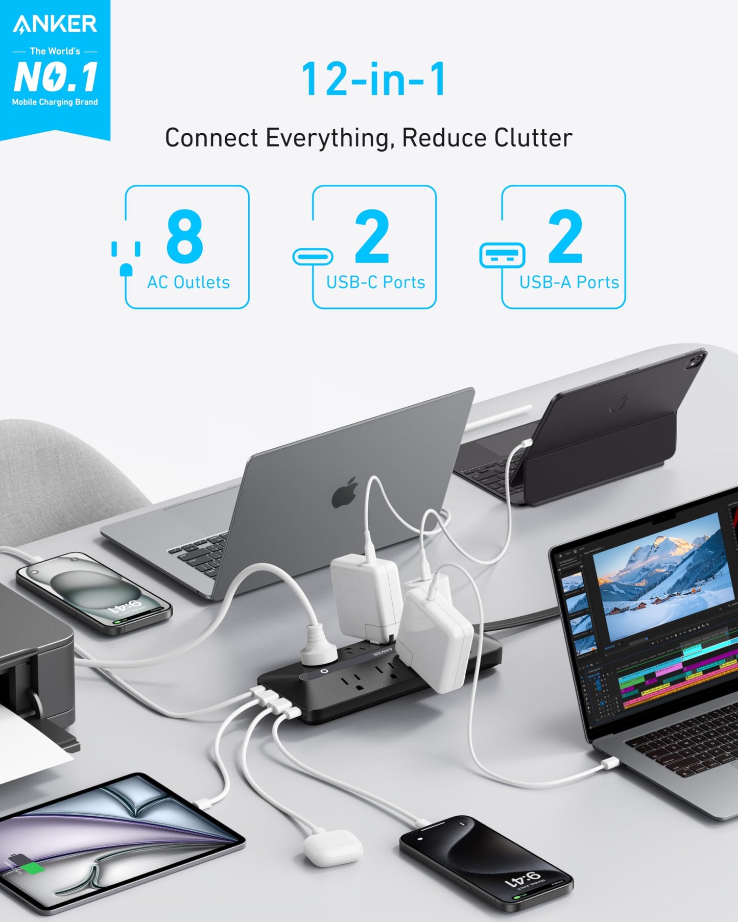 Anker Power Strip with 900J Surge Protector, Flat Plug Extension Cord with Multiple Outlets, 8 AC, 2 USB A & 2 USB C Ports for 35W Max, 5ft Outlet
