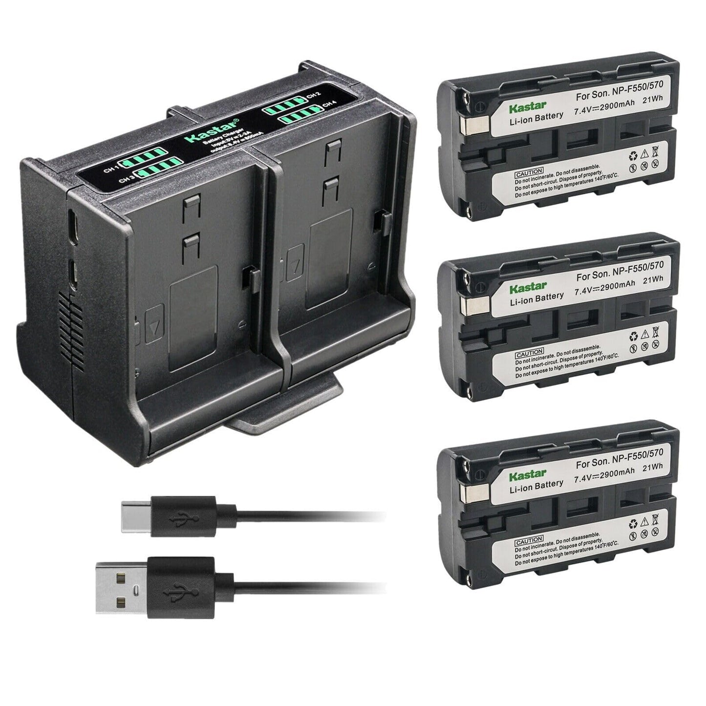 Kastar 3-Pack Battery and Quadruple Charger Compatible with Sony NP-F330 NP-F550 NP-F570 NP-F730 NP-F750 NP-F770 NP-F780Exp NP-F930 NP-F950 NP-F960