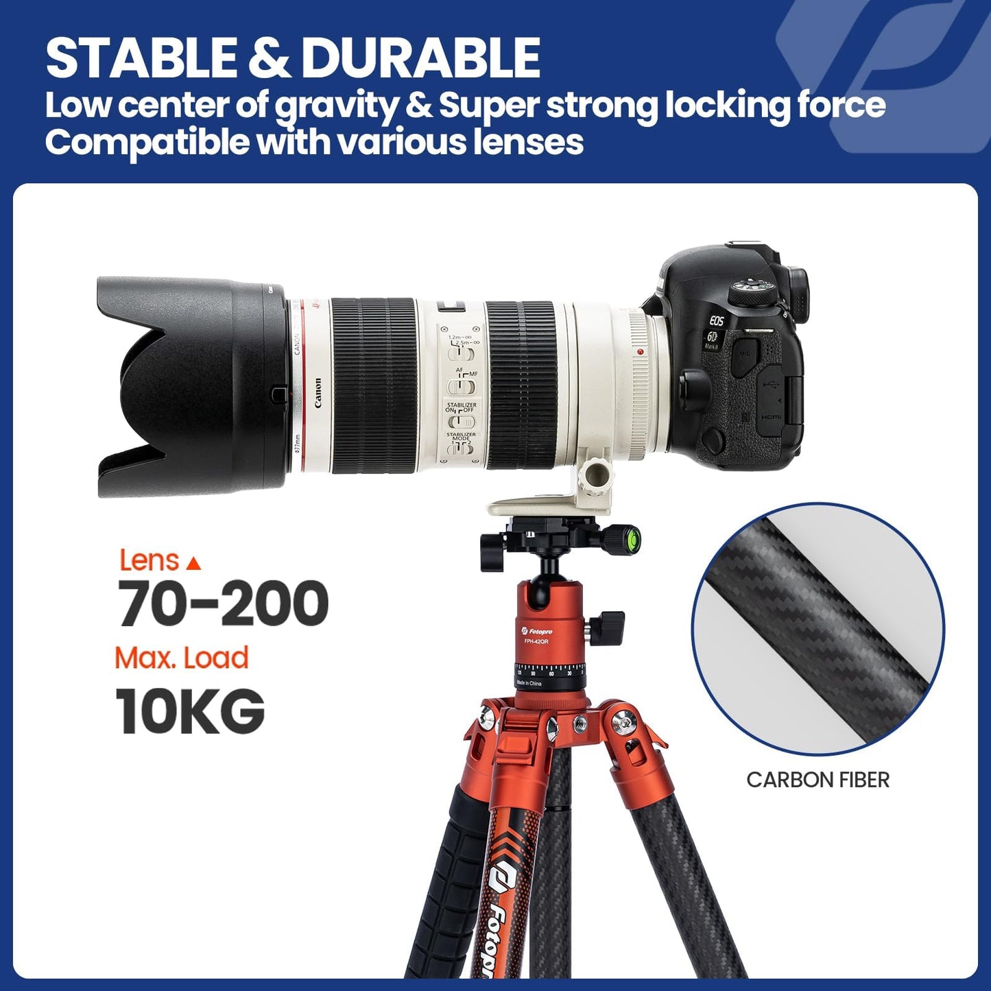Fotopro 62 Inch Carbon Fiber Tripod for Camera Ultralight Travel Camera Tripod Max Loads Up 22lbs X-Aircross 3 Orange