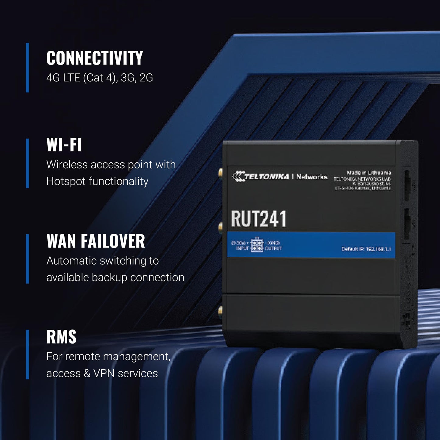 Teltonika RUT241 Industrial Cellular WiFi Sim Router - 4G LTE (Cat 4), 3G Connectivity - Wireless Access Point with Hotspot Functionality - RMS