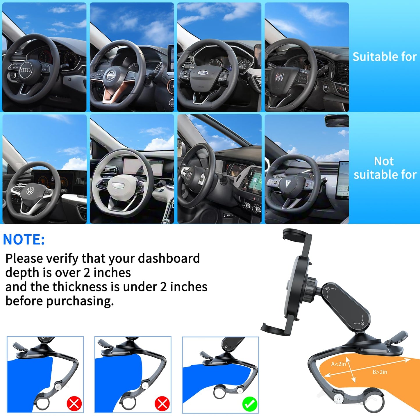 DRPHKTT Universal 360° Rotating Dashboard Phone Holder for Car - Spring Clip Car Phone Mount, No Adhesive No Tools, Multi-Angle Adjustable Clip-On