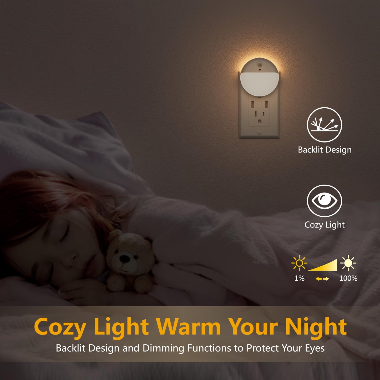 YUNLEX 2 Pack Plug in Night Light with 3 Lighting Ways, Stepless Dimming, Light Sensor, Warm White Nightlight for Bathroom, Hallway, Stairs, Bedroom
