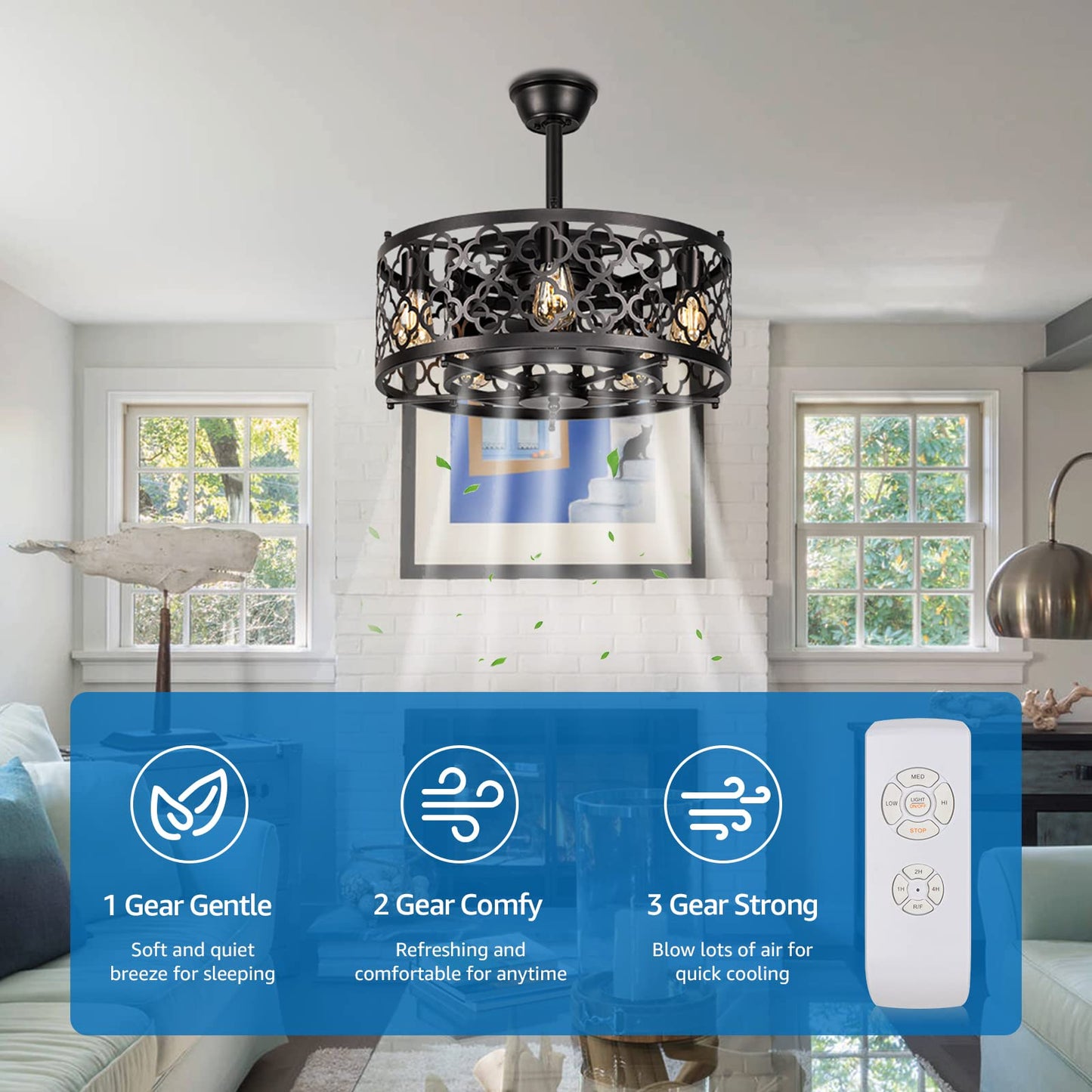 SUNVIE Caged Ceiling Fan with Lights Remote Control 21in Industrial Bladeless Enclosed Ceiling Fan Light with Reversible Motor for Bedroom Kitchen
