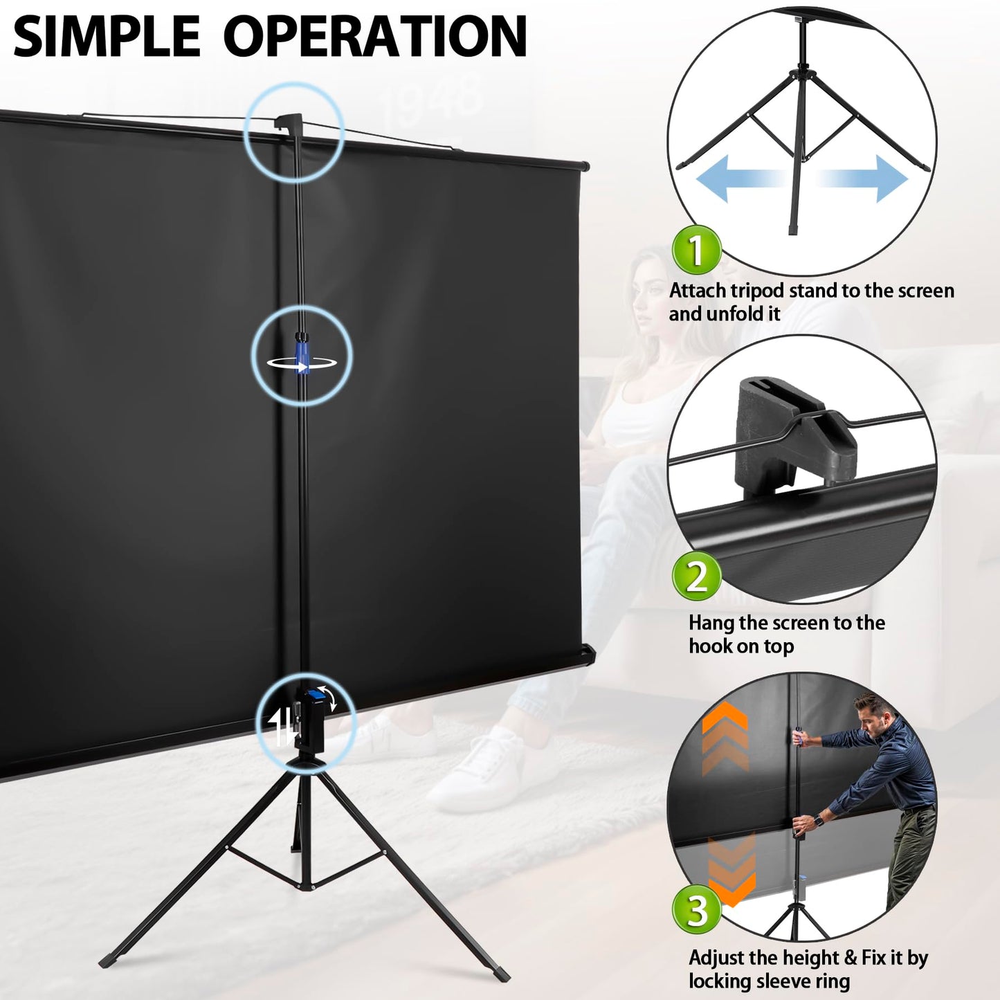 Epetlover 84 inch Projector Screen with Stand Portable Outdoor Movie Night Kit, 16:9 HD 4K Wrinkle-Free Tripod Screen with Carry Bag and Stakes