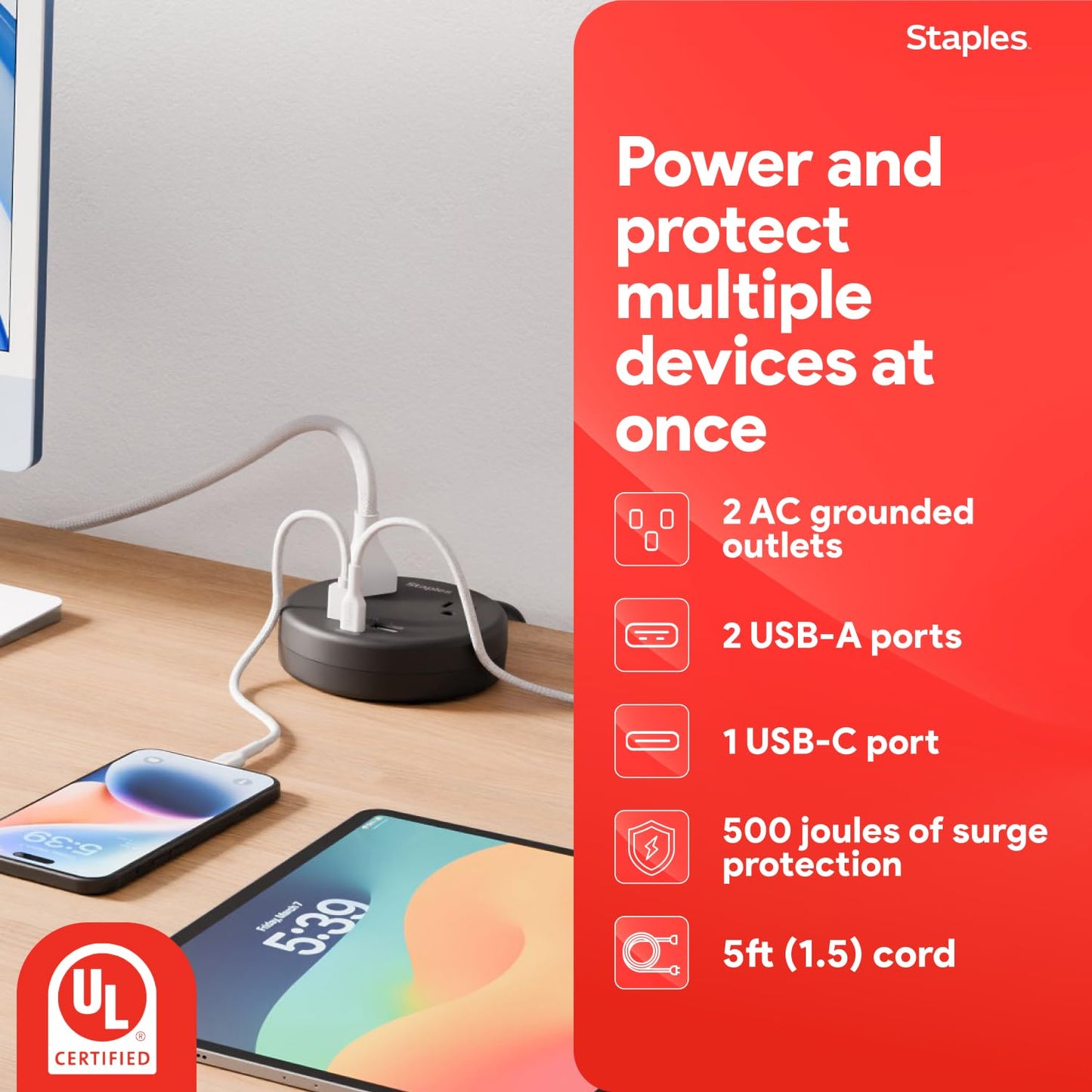 Staples TECH Surge Protector Power Strip, 2 Outlets + 3 USB Ports, 5 ft Cord, 500 Joules, Compact Design, Black