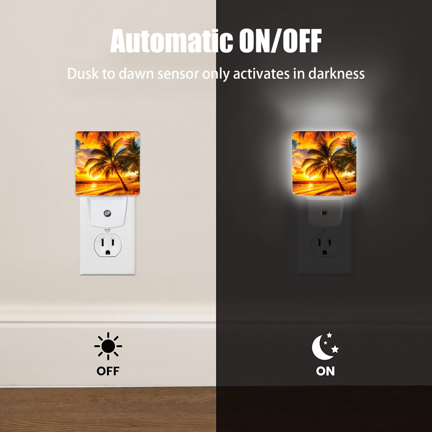 Jopowide Sunset Seashore Night Light, Palm Trees Night Lights Plug into Wall Decor for Bedroom,Bathroom,Hallway,Kitchen,Dusk to Dawn Sensor