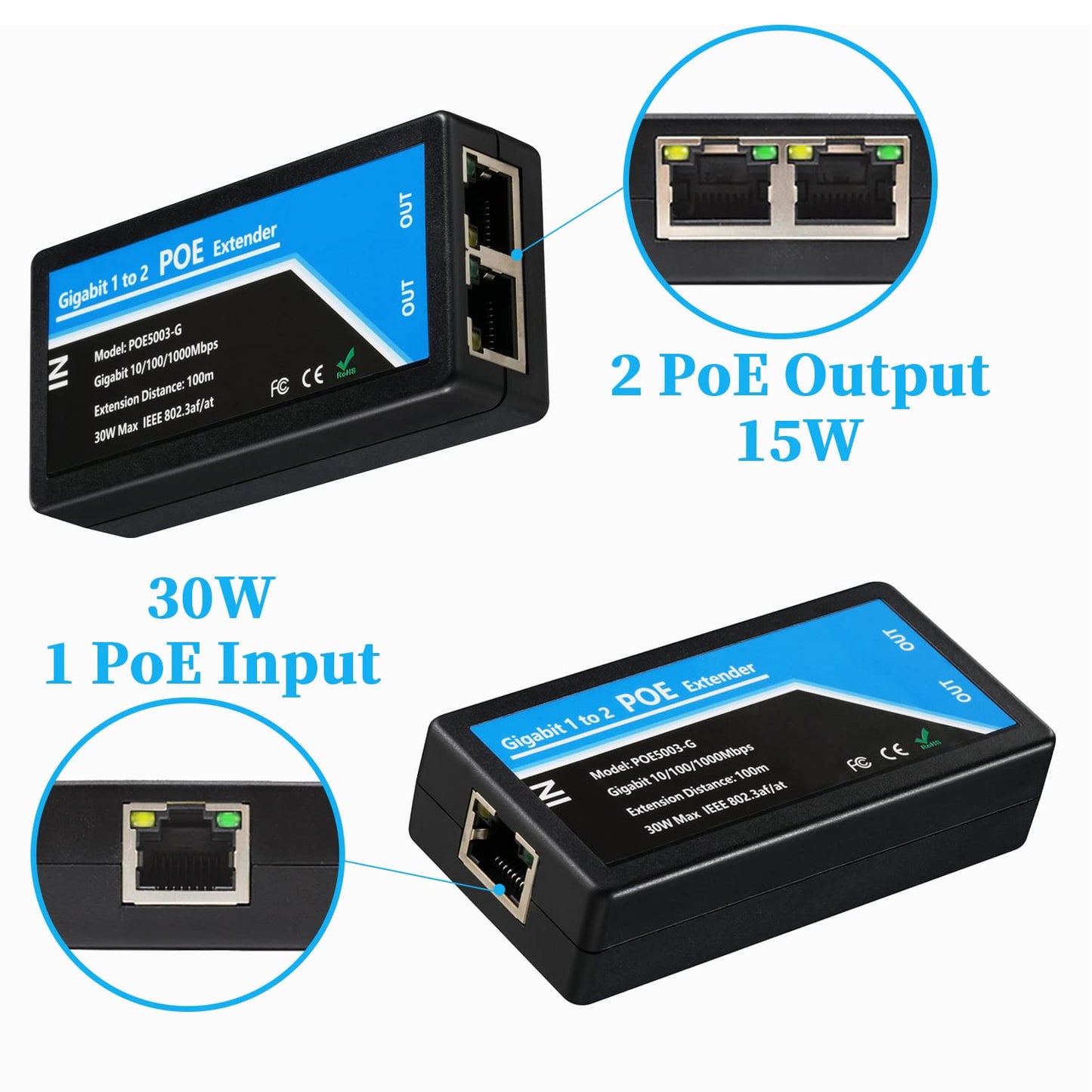 Revotech Gigabit 2 Port POE Extender, IEEE 802.3af/at PoE+ Standard, 10,100,1000Mbps, POE Repeater 100 Meters(328 ft), Extender 1 in 2 Out, Power