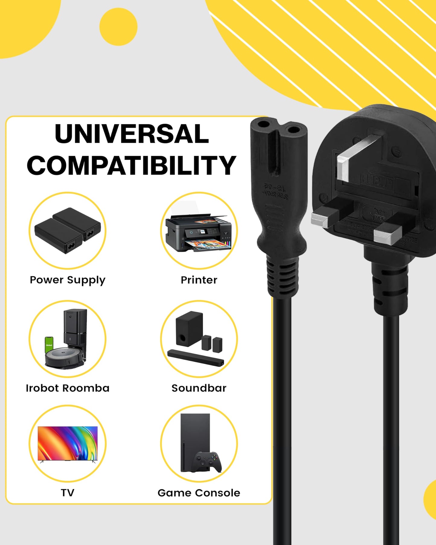 United Kingdom UK 2- Slot Printer Power Cord Cable, Non-Polarized (IEC-320-C7 to CEE 7/16) Works with Printer, TV, PS4 Game Console and More for UK
