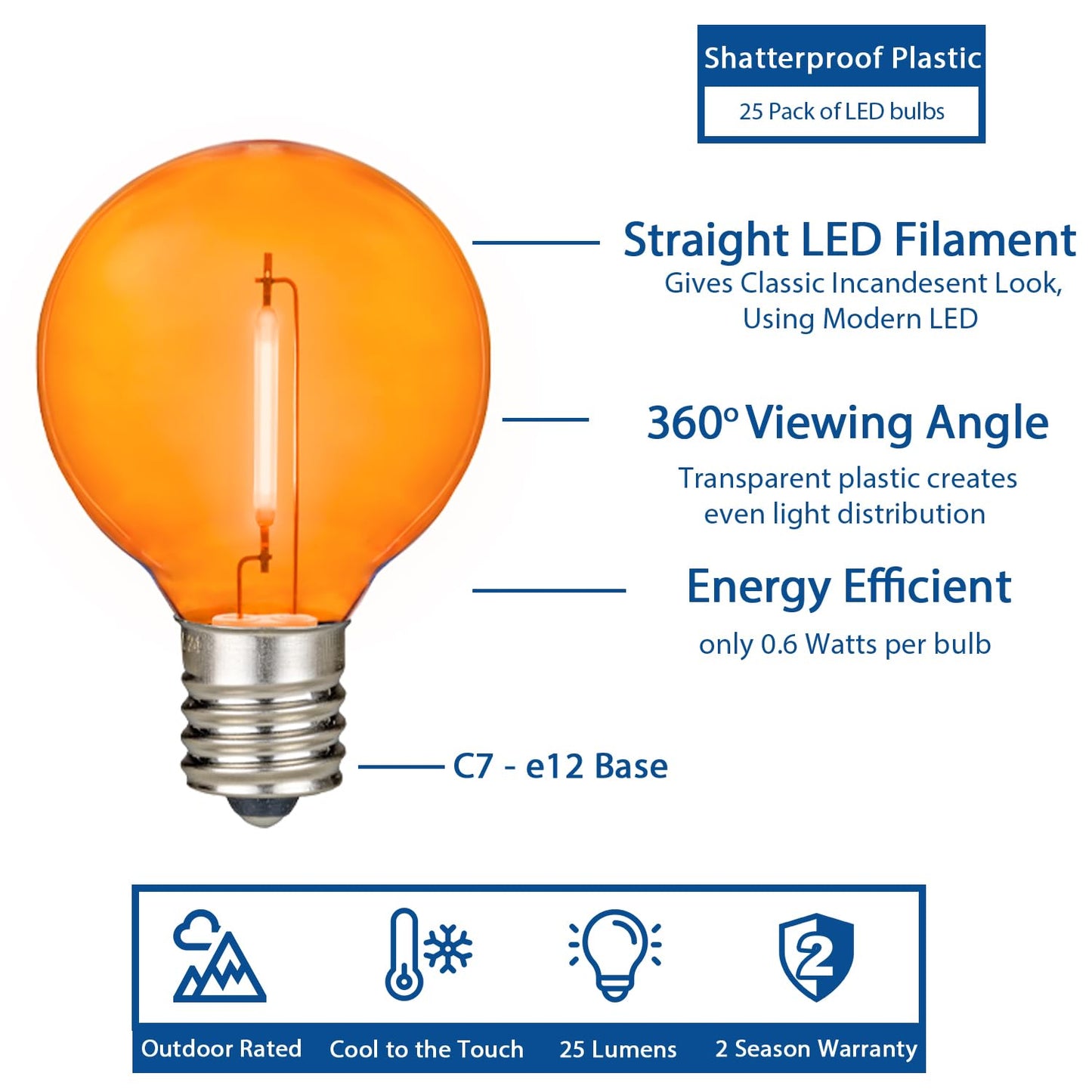 Novelty Lights 25 Pack Orange G40 LED Filament String Light Bulbs, E12