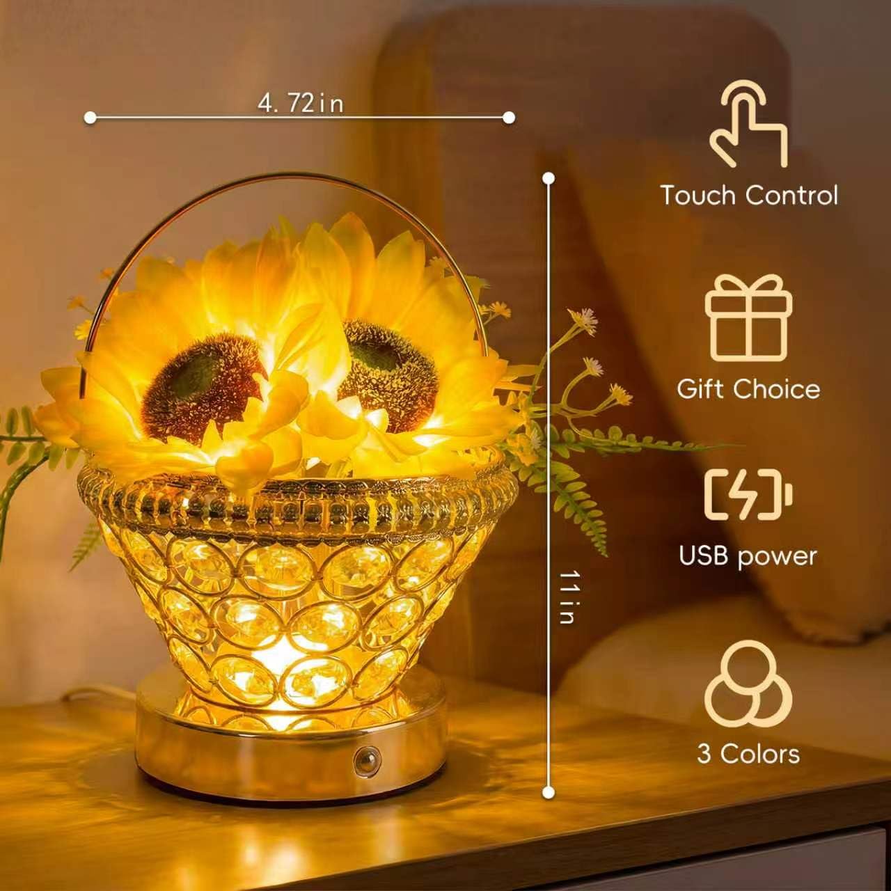 YWYWLED Pearl Sunflower Lamp - Cordless USB-Rechargeable LED Night Light with 3-Color Touch Control, 3D-Printed Flower Table Lamp, Bedroom Reading