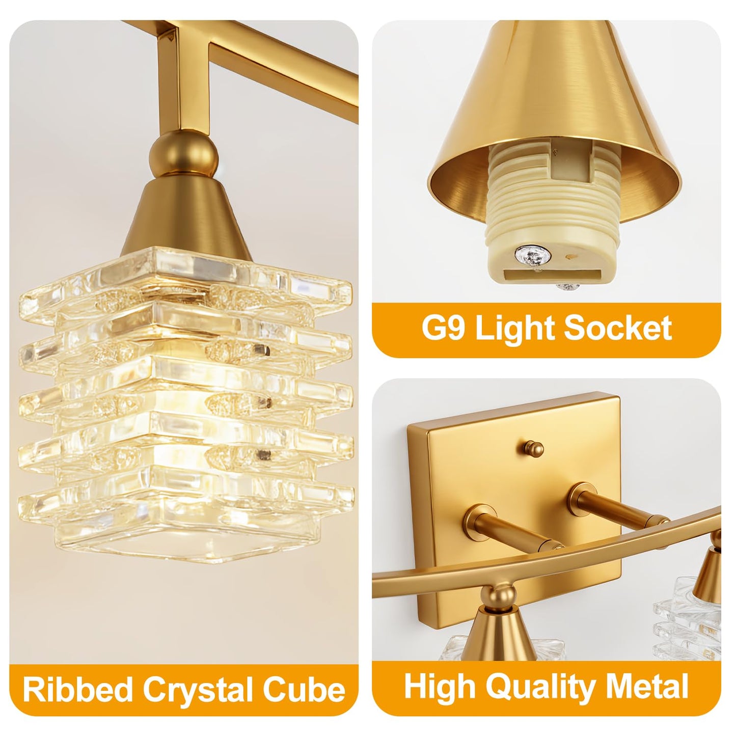 21 Inch Brass Bathroom Light Fixtures, Small Gold 4-Light Modern Vanity Light Over Mirrors, Wall Mount Sconces with Cube Ribbed Glass Shades, G9