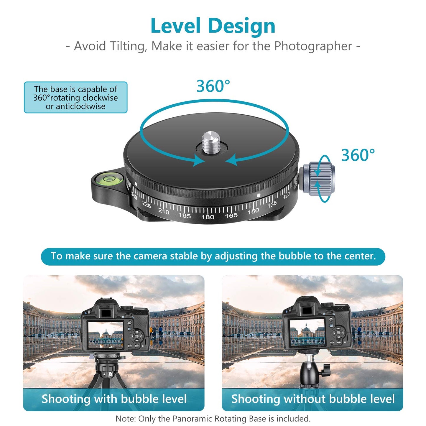 Neewer Camera Panoramic Panning Base with Style Plate, 3/8-inch Screw Aluminum Alloy Panorama Ball Tripod Head with Bubble Level for Tripod Monopod