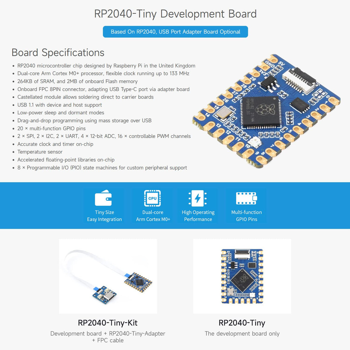 Waveshare RP2040-Tiny Development Board, Raspberry Pi Microcontroller Development Board, Based On Official RP2040 Dual Core Processor, with USB Port