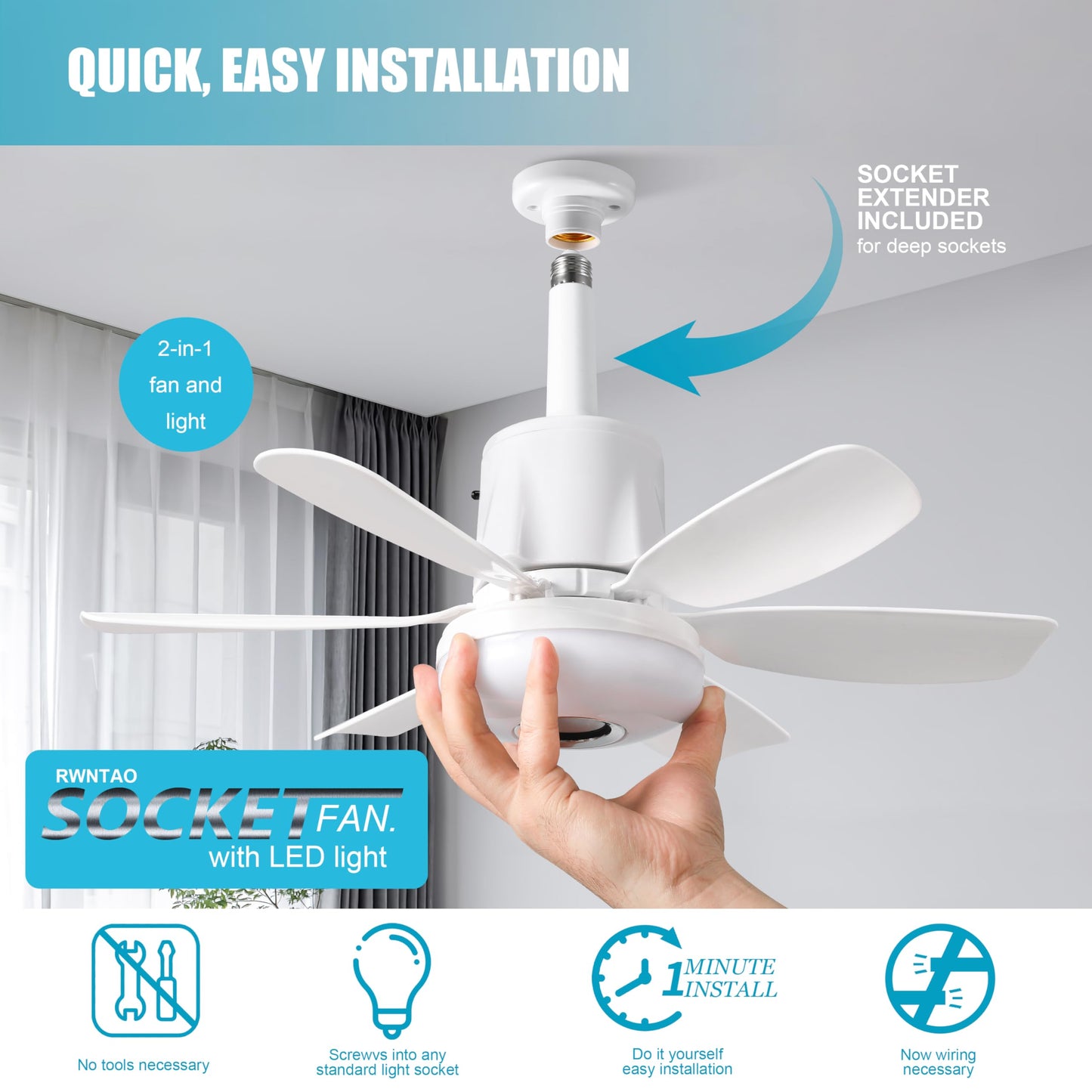 Socket Fan Light with Remote, Ceiling Fan with Bluetooth Speaker, RGB Lights, 3 Color Lights, 3 Fan Speeds, Socket Extender, Small Ceiling Fans