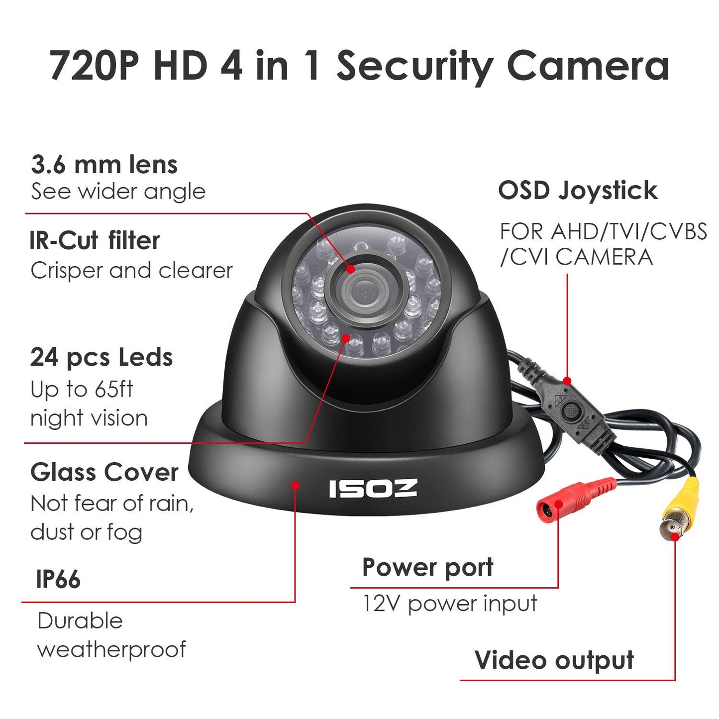 ZOSI 720P HD 1280TVL 1.0MP Hi-Resolution 4 in 1 TVI/CVI/AHD/CVBS CCTV Camera Home Security System Day/Night Vision For HD-TVI, AHD, CVI, and CVBS/960H