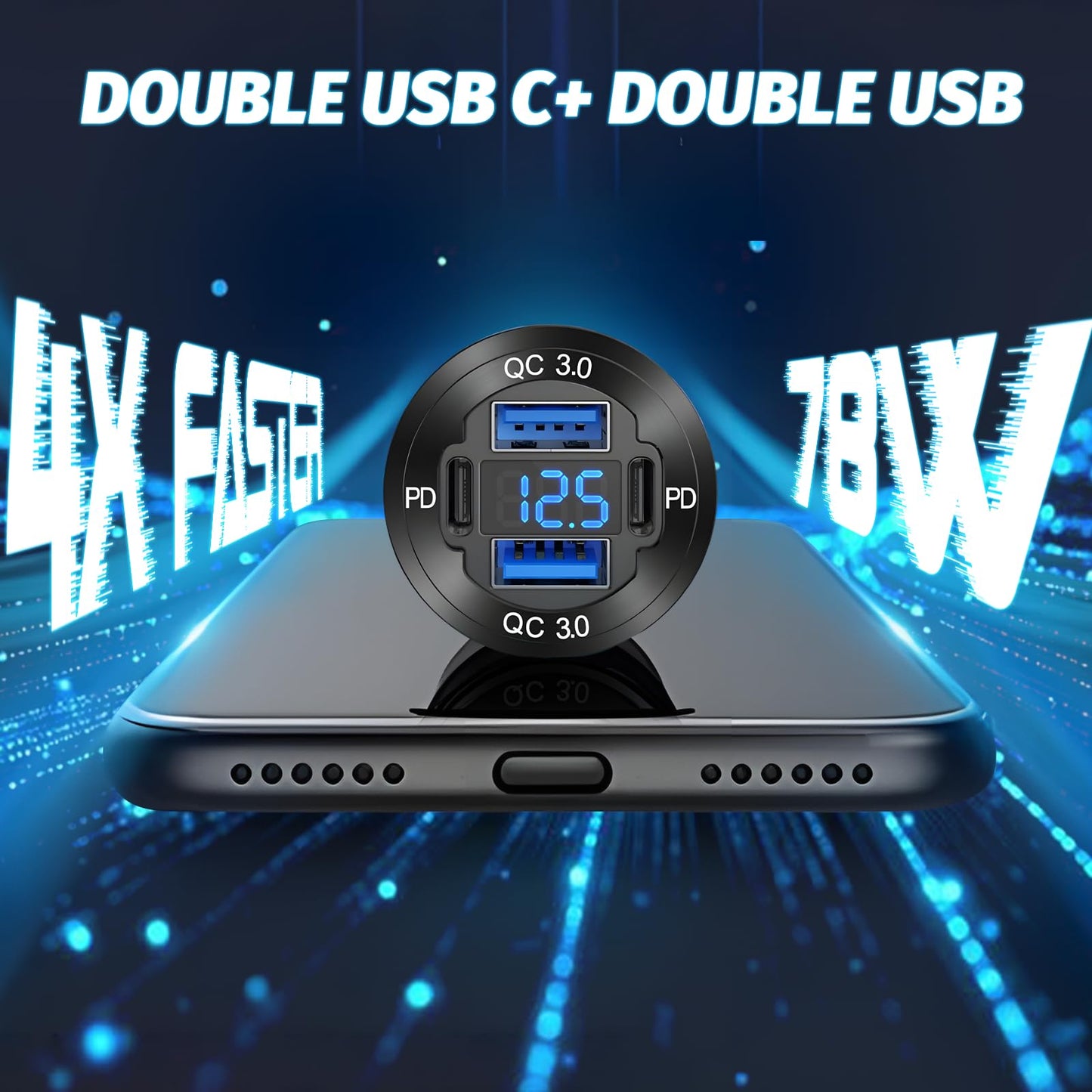 12 Volt USB Charger, 12v USB 4-Port Aluminum Alloy USB C Outlet with LED Voltmeter,Dual PD3.0 & QC3.0 for 12/24V Car Golf Cart Boat Marine Bus Truck