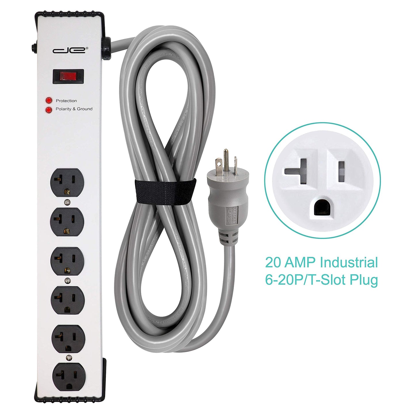 Digital Energy 20 Amp 6-20/T- Slot Plug | 25-Ft Cord - 900 Joule Surge Protector | 6-Outlet, Heavy Duty Steel Body Power Strip
