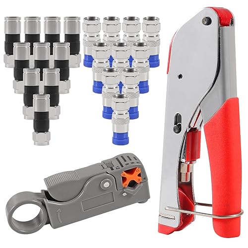 20Pcs F Type RG6 Compression Connectors Coaxial Cable Crimper Kit with Wire Stripper Repair Tool Compatible with RG59, RG6, RG11 Compatible Adjustable