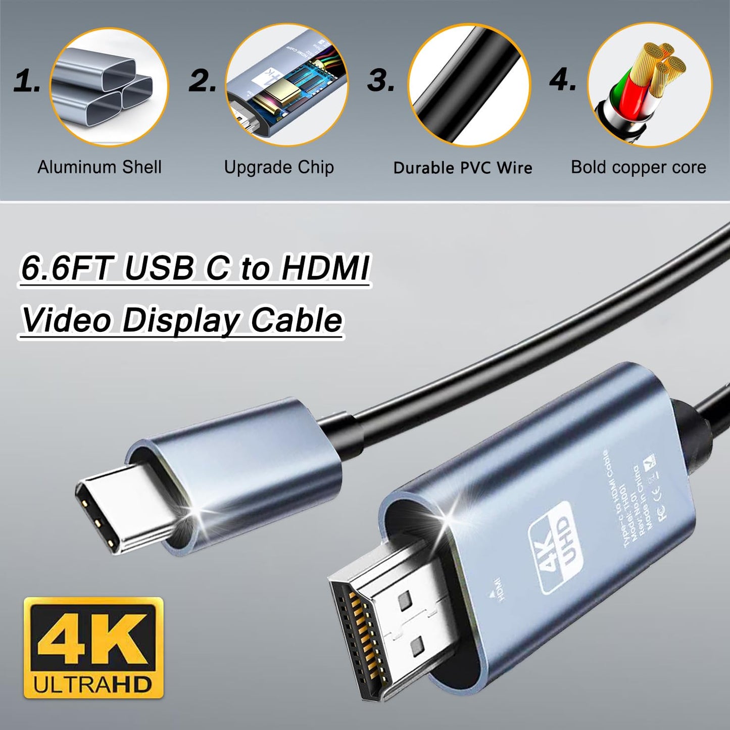 Ankky 6.6FT HDMI Cable Adapter for iPhone 15 to HDTV, 4K USB C to HDMI Video Cable, Thunderbolt 3 & 4 Compatible for iPhone 15/16 Series, MacBook