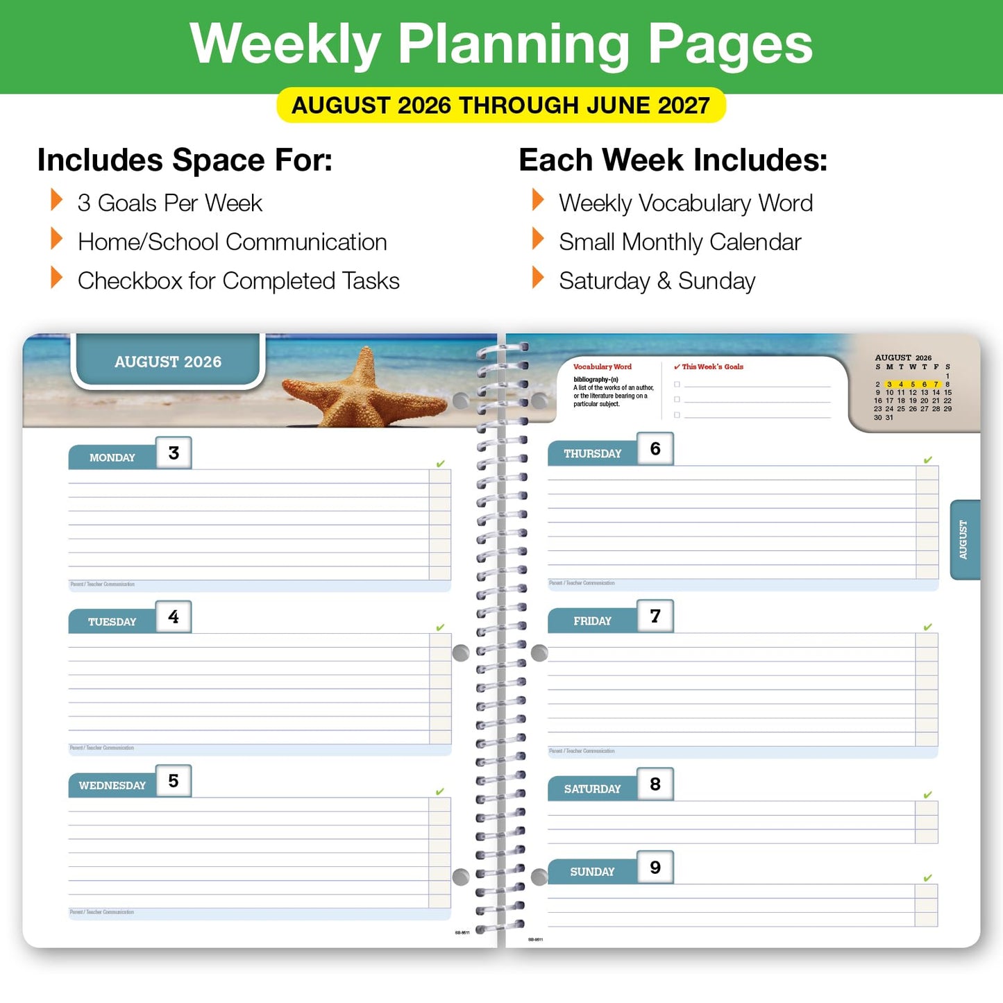 Global Datebooks 2026-2027 Middle & High School Student Planner 8.5" x 11" - Dated Weekly & Monthly Academic Planner with Ruler/Bookmark & Stickers