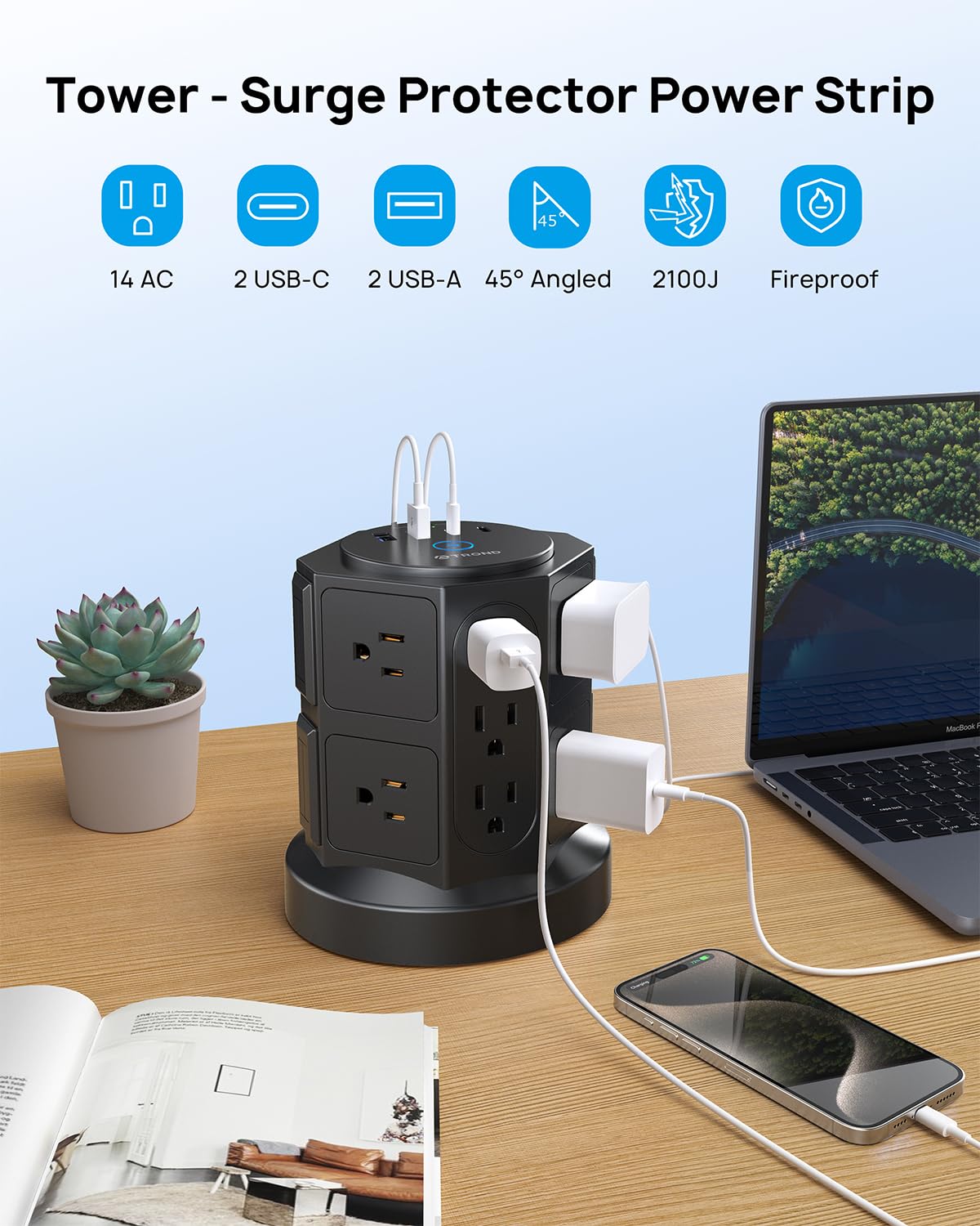 TROND Tower Surge Protector Power Strip with USB, 14 Widely Spaced Outlets, 2 USB-C and 2 USB-A, 2100J Surge Protection, 6 Feet Extension Cord
