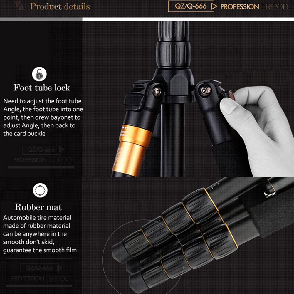 QZSD Q-666 Portable Aluminum Tripod Monopod With Q-02 360 Degree Swivel Fluid Ball Head Compact Travel for DSLR Digital Camera and Camcorder Nikon
