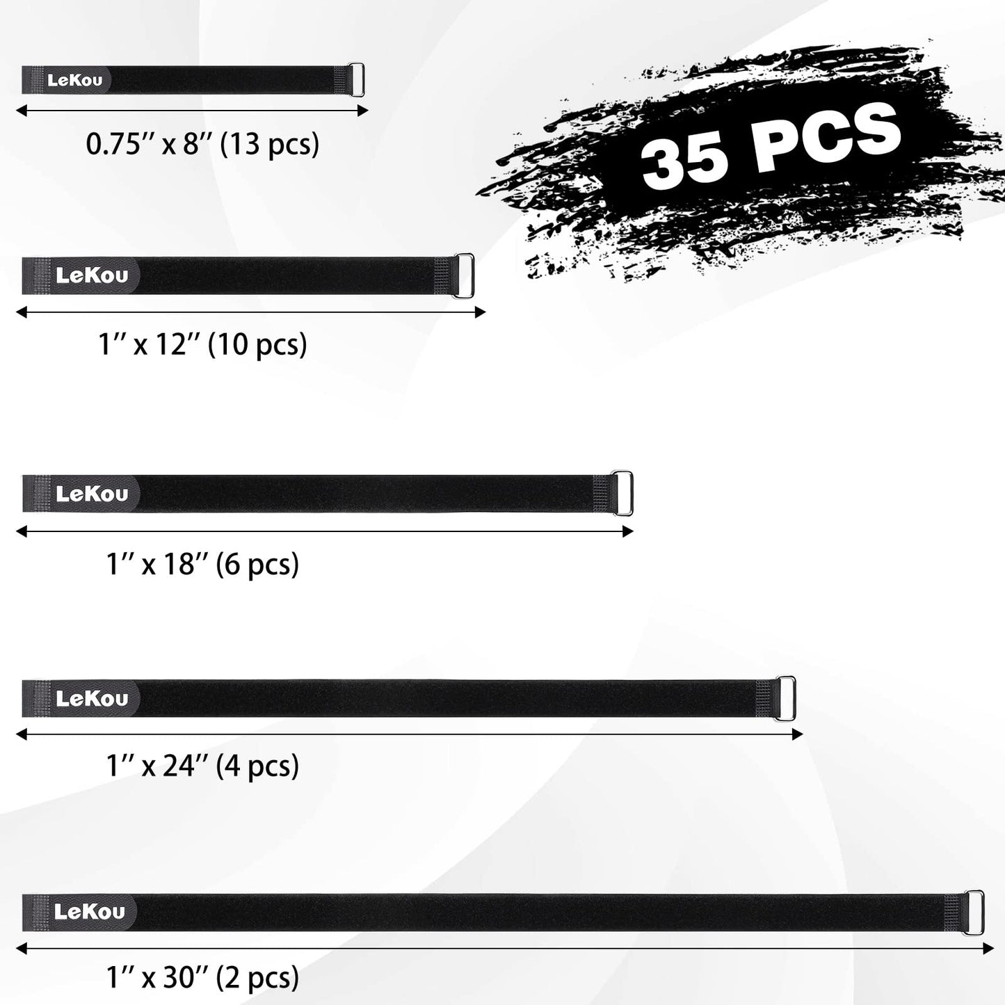 Lekou 35 Pack Cable Straps,8"-12"-18"-24"-30" Reusable Cable Ties, Hook and Loop with Metal Buckle, Fastening Securing for Cord Organizer Wire