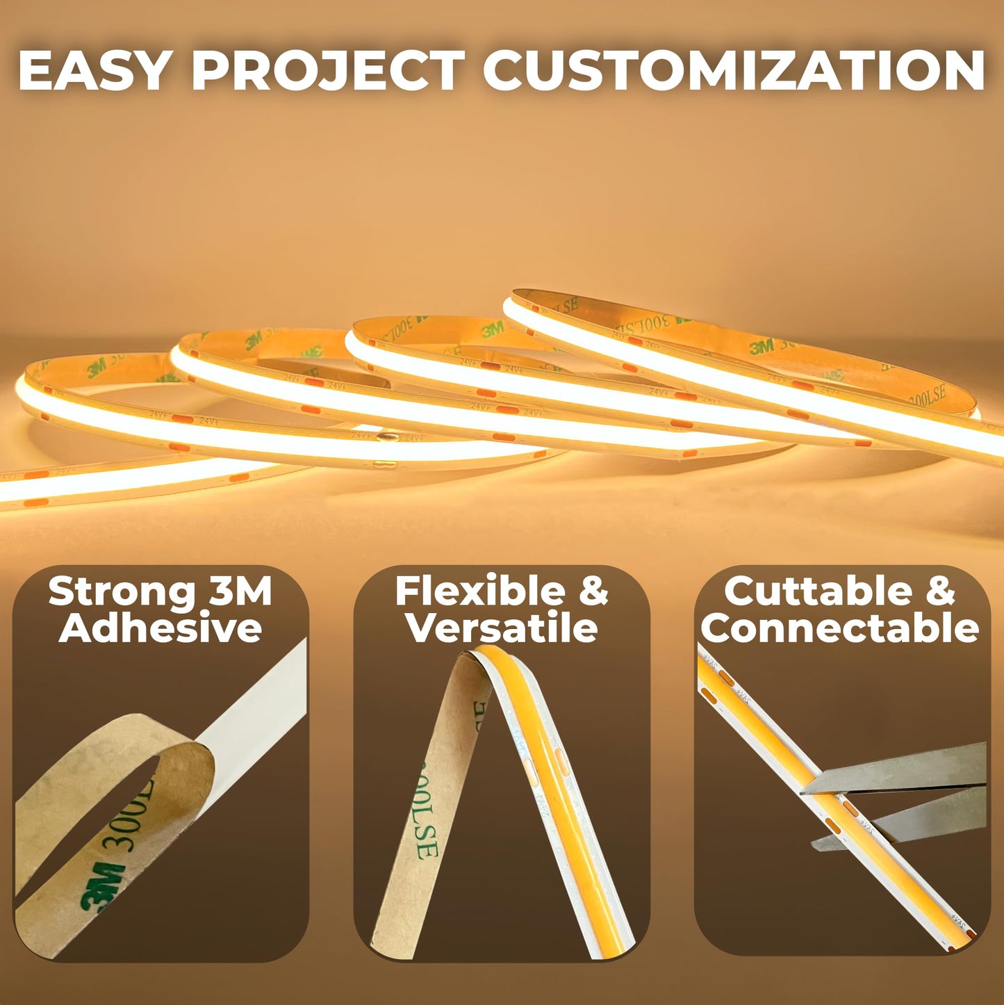 GLOWTRACE COB LED Strip Light Kit - 16.4ft Warm White (3000K), Dimmable with RF Remote, Peel & Stick DIY, Under Cabinet Lighting, LED Lights