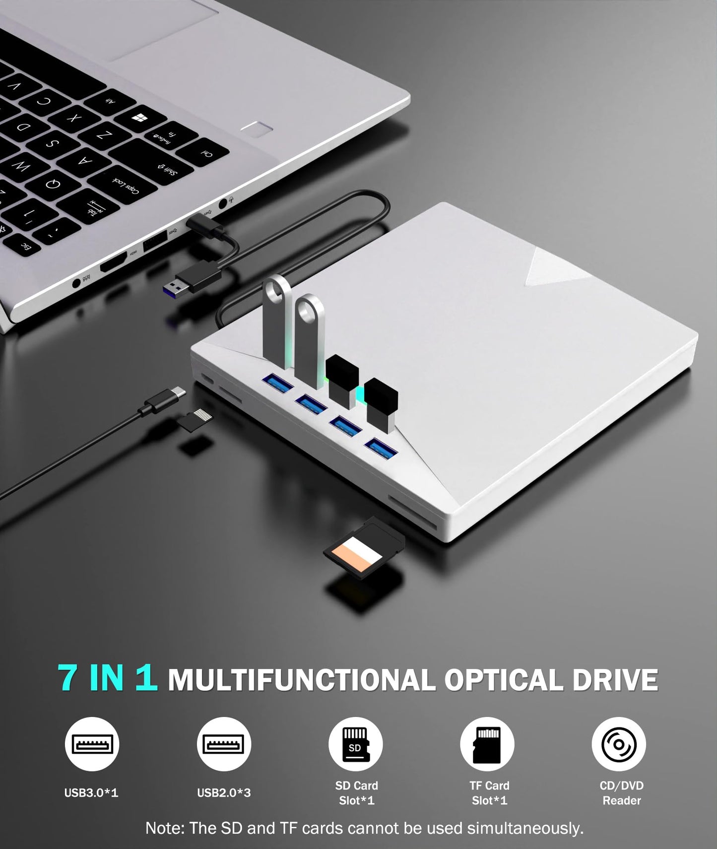 External CD/DVD Drive for Laptop PC,8 IN 1 LED Portable DVD Drive CD Burner CD-ROM DVD-/+RW Writer Reader with TF/SD Card Slots,USB 3.0 DVD Drive