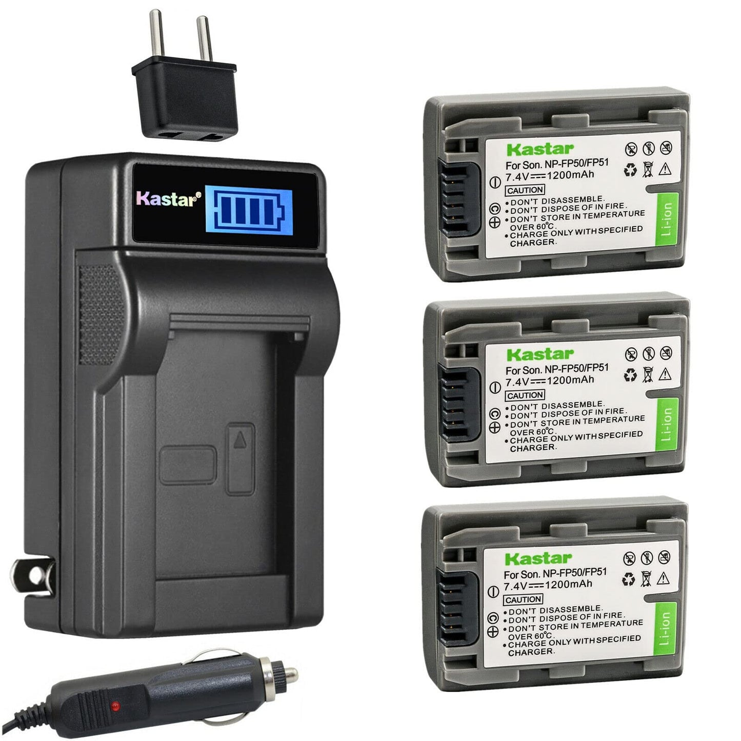 Kastar 3-Pack NP-FP50 / FP51 Battery and LCD AC Charger Compatible with Sony DCR-SR30, DCR-SR40, DCR-SR50, DCR-SR60, DCR-SR70, DCR-SR80, DCR-SR90